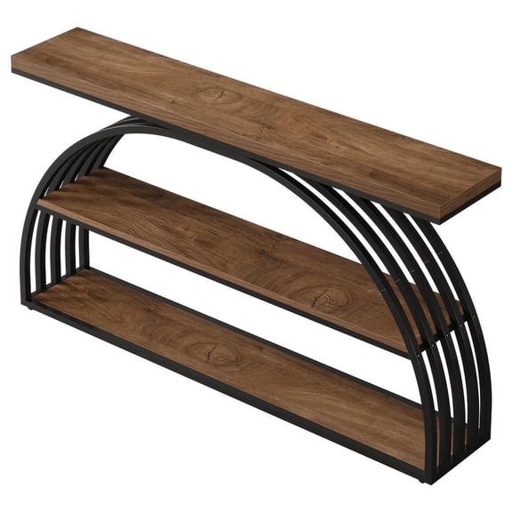 Resenkos 63-Inch Farmhouse Console Table with Arched Frame, 3-Tier Industrial Sofa Table, Rustic Brown & Black