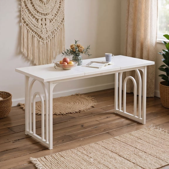 Resenkos 63 Inch Rectangular Farmhouse Dining Table, Large Table for 6-8 People with Solid Wood Legs for Kitchen, White