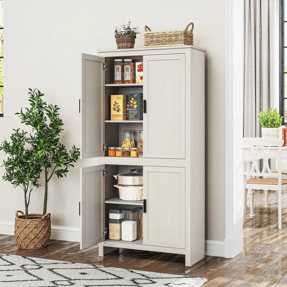 Resenkos 64-Inch 4-Door Freestanding Pantry with 3 Adjustable Shelves, Antique White