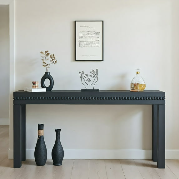 Resenkos 64in Rustic Wood Console Table – Elegant Entryway Table with Decorative Beaded Trim, Antique Black