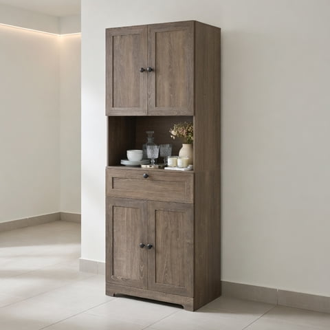 Resenkos 67.5 Inch Tall Freestanding Storage Cabinet, 4 Door 1 Drawer Modern Floor Cabinet with Adjustable Shelf for Kitchen, Oak