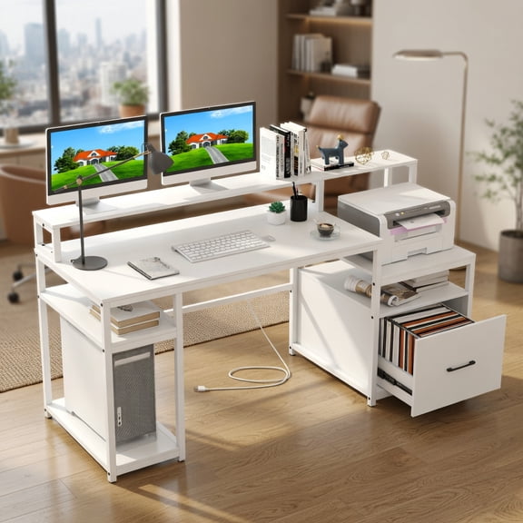 Resenkos 67-Inch Computer Desk with Monitor Stand and File Storage Drawer - White
