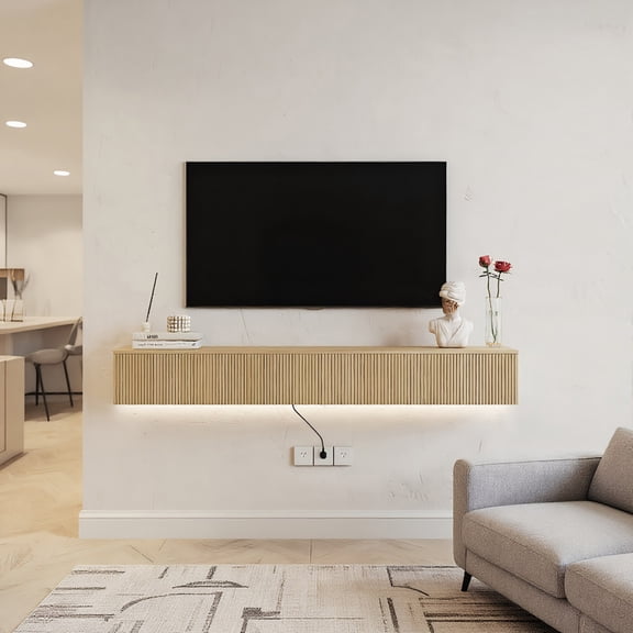 Resenkos 69" Floating TV Stand (Wall-Mounted) with 16-Color LEDs, Modern TV Cabinet Entertainment Center for 55/60/65-Inch TVs - Brown