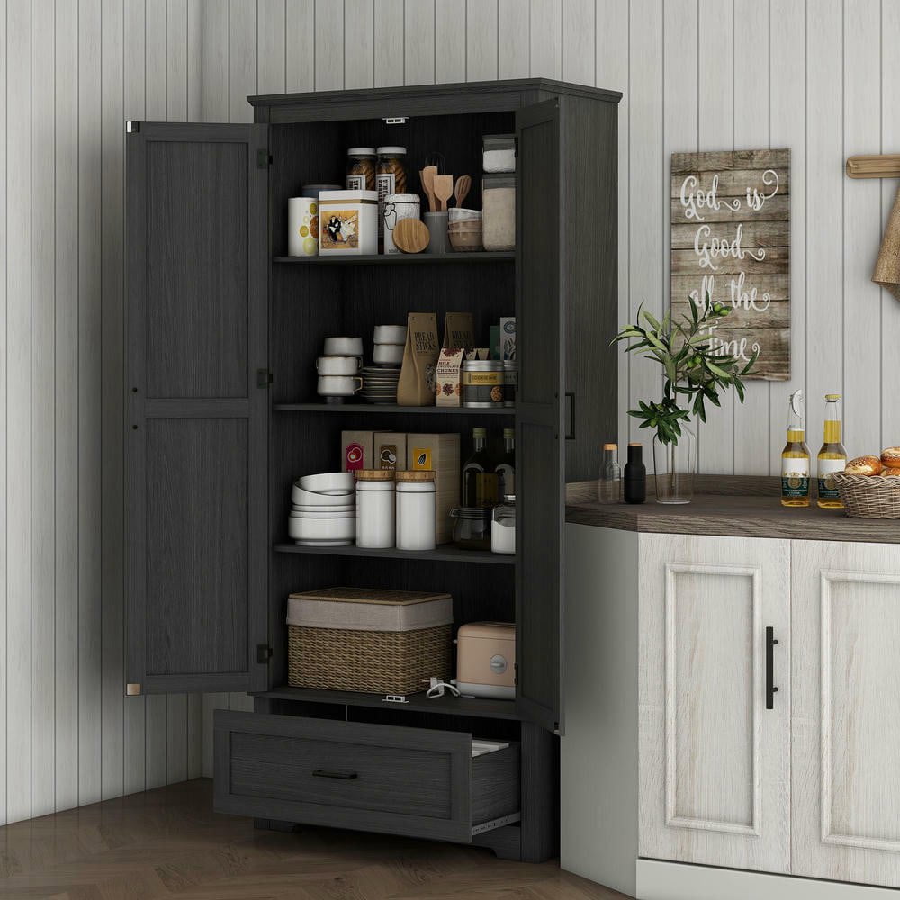 Resenkos 69" Tall Farmhouse Kitchen Pantry Cabinet with 2 Doors, Drawer and Adjustable Shelves for Dining Room, Black
