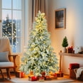 thumbnail image 1 of Resenkos 6FT Pre-Lit Spruce Snow Flocked Christmas Tree, Artificial Hinged Xmas Tree with 300 Multi-Color LED Lights, 8 Flashing Modes &790 Snow Branch Tips, Holiday Office Home Décor, Green White, 1 of 14