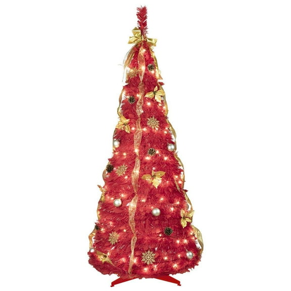 Resenkos 6FT Red Pop-Up Christmas Tree - 150 Warm White LEDs, Easy Assembly, Space-Saving, Holiday Decor, Red