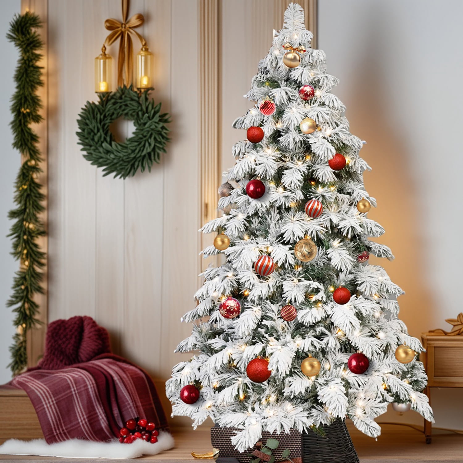 Resenkos 6ft Pre-Lit Flocked Christmas Tree with LED Lights & Foldable ...