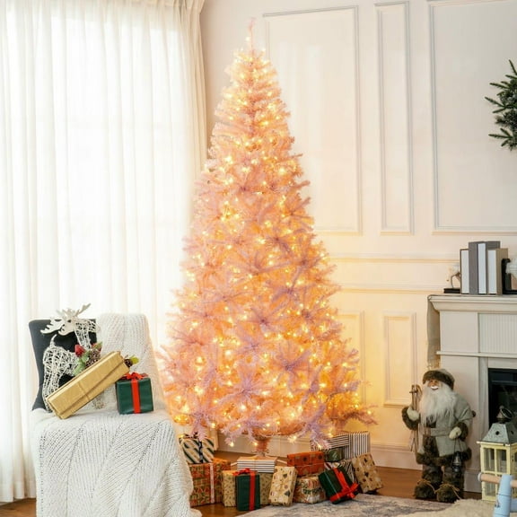 Resenkos 7.5FT Tall Prelit Artificial Christmas Tree with Realistic Branches, 500 Warm White LED Lights & 1346 Tips, Pink