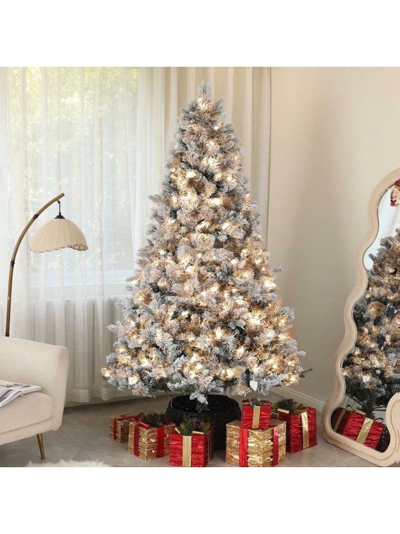 7.5ft Pre-Lit Artificial Flocked Christmas Tree - 500 Clear Lights, 1530 Tips & Metal Stand, for Home Office Holiday, Green