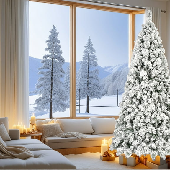 Resenkos 7.5ft Pre-Lit Flocked Artificial Christmas Tree with Snow Coverage & Foldable Base, Green & White