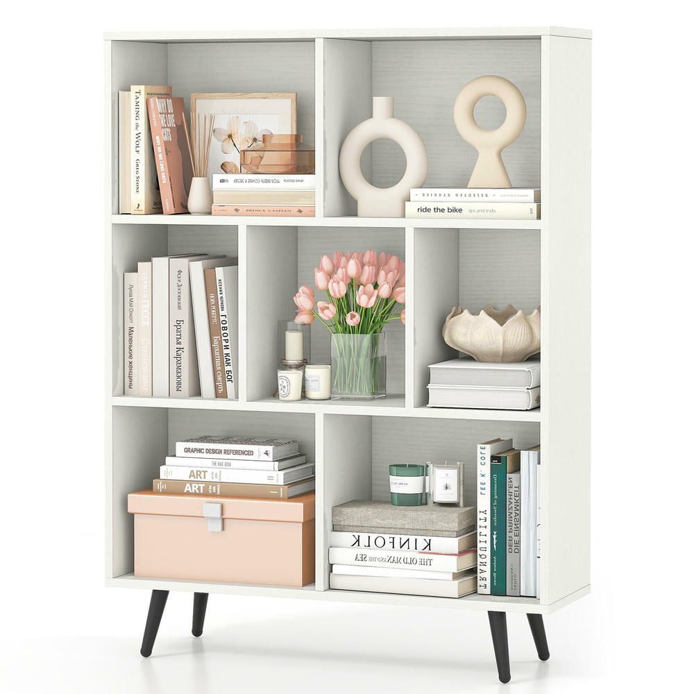 Resenkos 7-Cube Bookcase with 5 Tapered Metal Legs, White + Black
