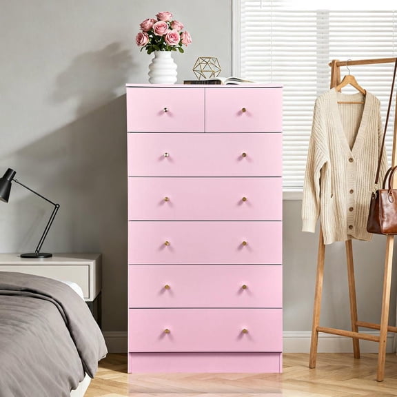 Resenkos 7-Drawer Tall Cabinet, 5+2 Storage Dresser with Matte Gold Handles - Macaron Pink