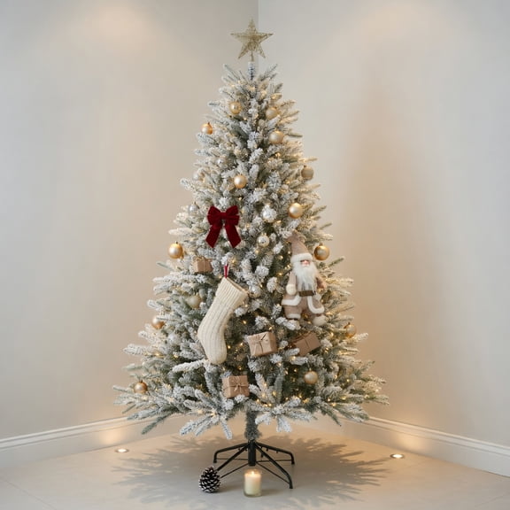 Resenkos 7-Ft Snow Flocked Artificial Christmas Tree with Cool White LEDs - Green/White