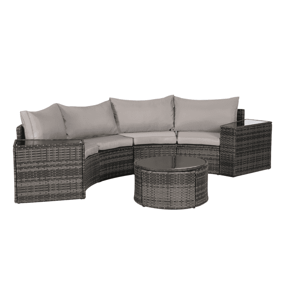 Resenkos 7 Piece Curved Outdoor Patio Sectional Set, Half Moon Wicker Sofa with Round Glass Coffee Table for Backyard, Light Gray