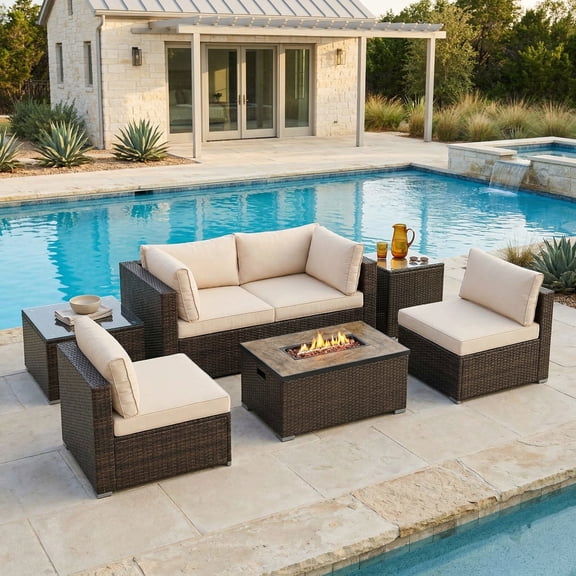 Resenkos 7 Piece Outdoor Wicker Furniture Set, 32 Inch Fire Pit Table with Removable Lid and Propane Tank Cover for Patio and Garden, White