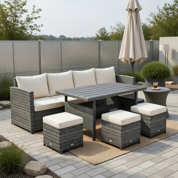 Resenkos 7-Piece Outdoor Wicker Patio Dining Set Beige Rattan Sectional Sofa with Ottoman & Coffee Table All-Weather, Easy-Assembly Garden Furniture for Patio, Poolside & Porch