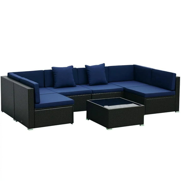 Resenkos 7-Piece Rattan Sectional Set, Outdoor Sectional Furniture, PE Rattan, Blue