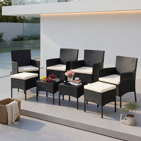 Resenkos 7 Piece Rustproof Wicker Outdoor Sofa Set, Outdoor Furniture Garden Conversation Sets with Coffee Tables and Ottomans