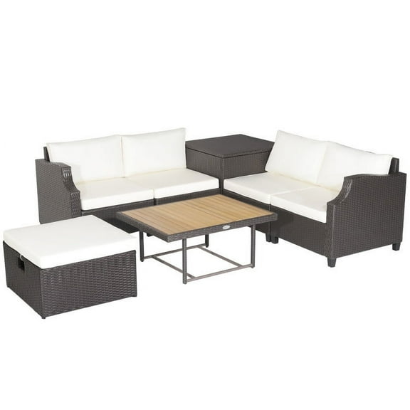 Resenkos 7 Pieces Hand-Woven Wicker Outdoor Furniture Set with Acacia Wood Coffee Table-White, Patio Seating Conversation Set, Modern Patio Sofa Sectional All Weather Proof for Patio Back Deck