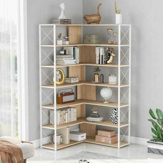 Resenkos 7-Tier Bookcase Home Office Bookshelf,L-Shaped Corner Bookcase with Metal Frame,Industrial Style Shelf with Open Storage,Oak Color