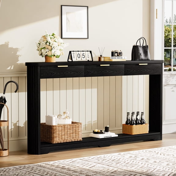 Resenkos 70.1 Inch Wavy Pattern Slim Sofa Table with Drawers, Wooden Narrow Storage Side Table for Entryway, Hallway, 70.1L x 8.7W x 35.5H, Black