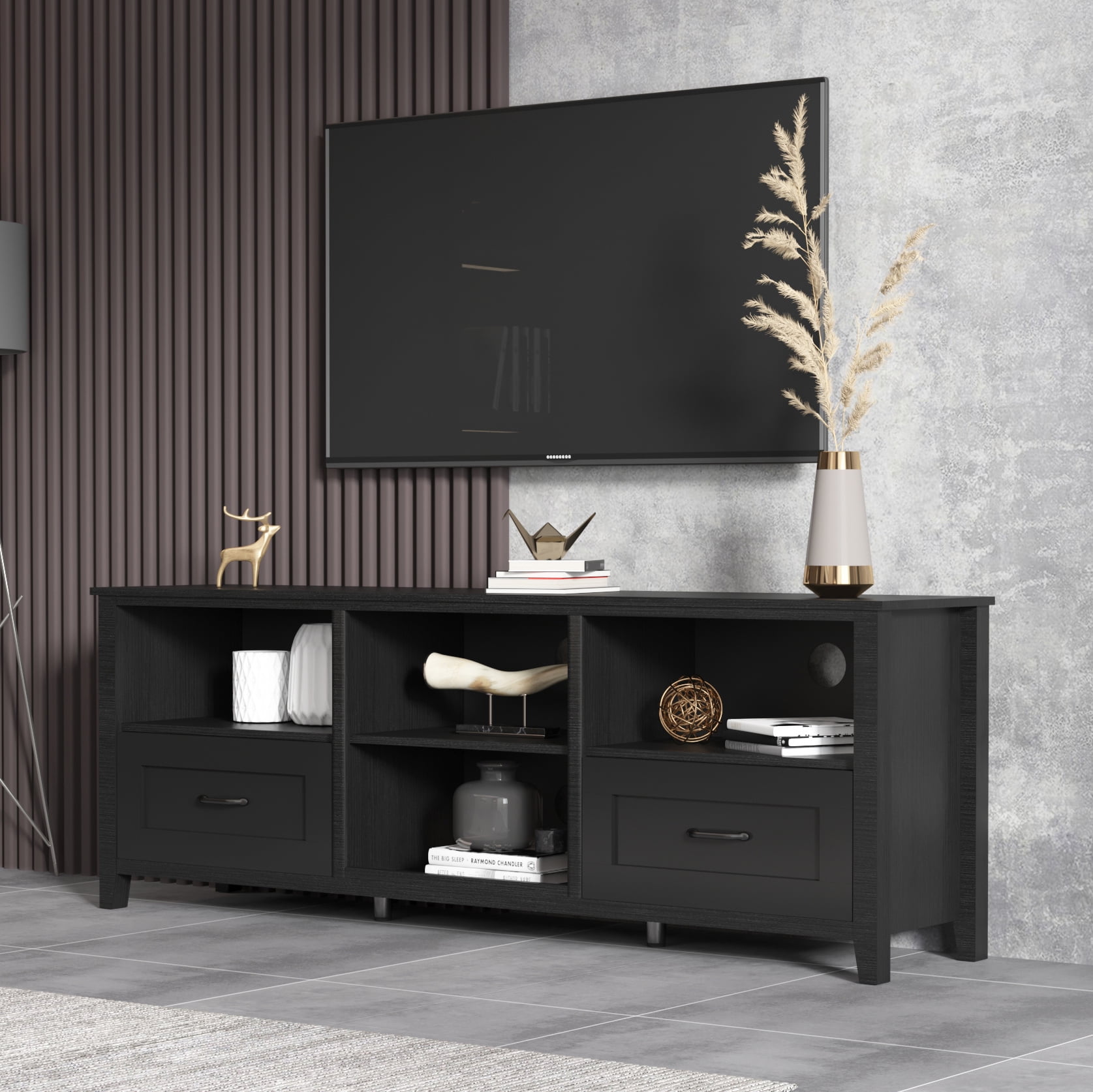 Resenkos 70" Black TV Stand Entertainment Center for TVs Up to 80" with 2 Drawers and Open Storage
