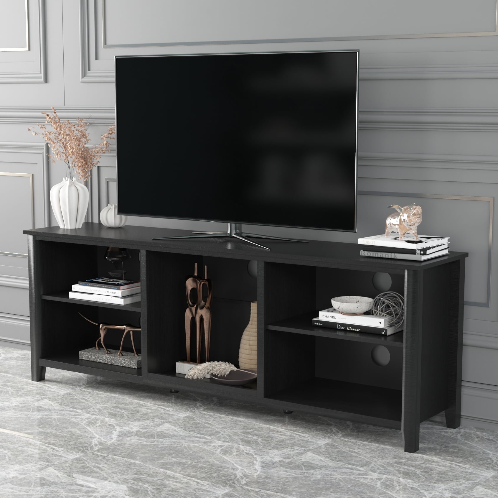 Resenkos 70" Black TV Stand Entertainment Center for TVs Up to 80" with Open Storage