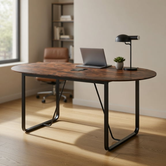 Resenkos 71-Inch Executive Oval Home Office Table with Cable Management Hole - Rustic Brown/Black