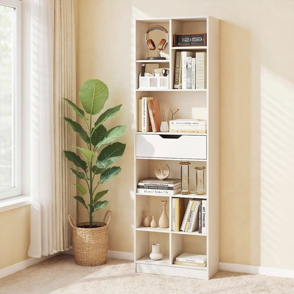 Resenkos 71 Inch Tall Freestanding Bookcase with Drawer, 10-Cube Large Storage Organizer for Home, Office, White