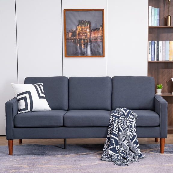 Resenkos 71" Modern Upholstered Linen Three Seats Sofa with Solid Wood Legs for Living Room,Dark Grey