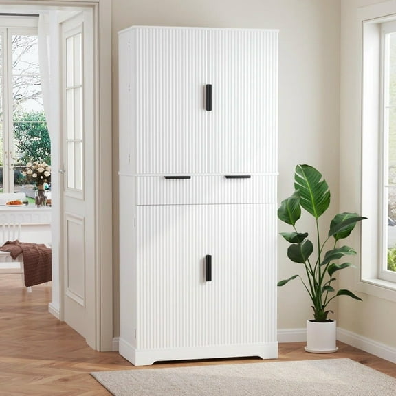 Resenkos 72" Fluted Pantry Cabinet with Pull-Out Drawers, 6-Door Spice Rack, Freestanding Kitchen Storage, White