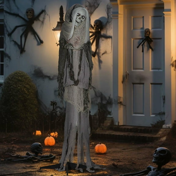 Resenkos 74" Life-Size Outdoor Halloween Skeleton Witch Decor, Sound/Motion-Activated Animated Animatronic with Light-Up Eyes, Multicolor