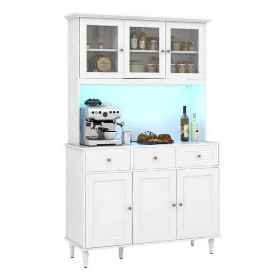 Resenkos 77 Inches Kitchen Pantry Storage Cabinet with LED Lights and Power Outlets-White