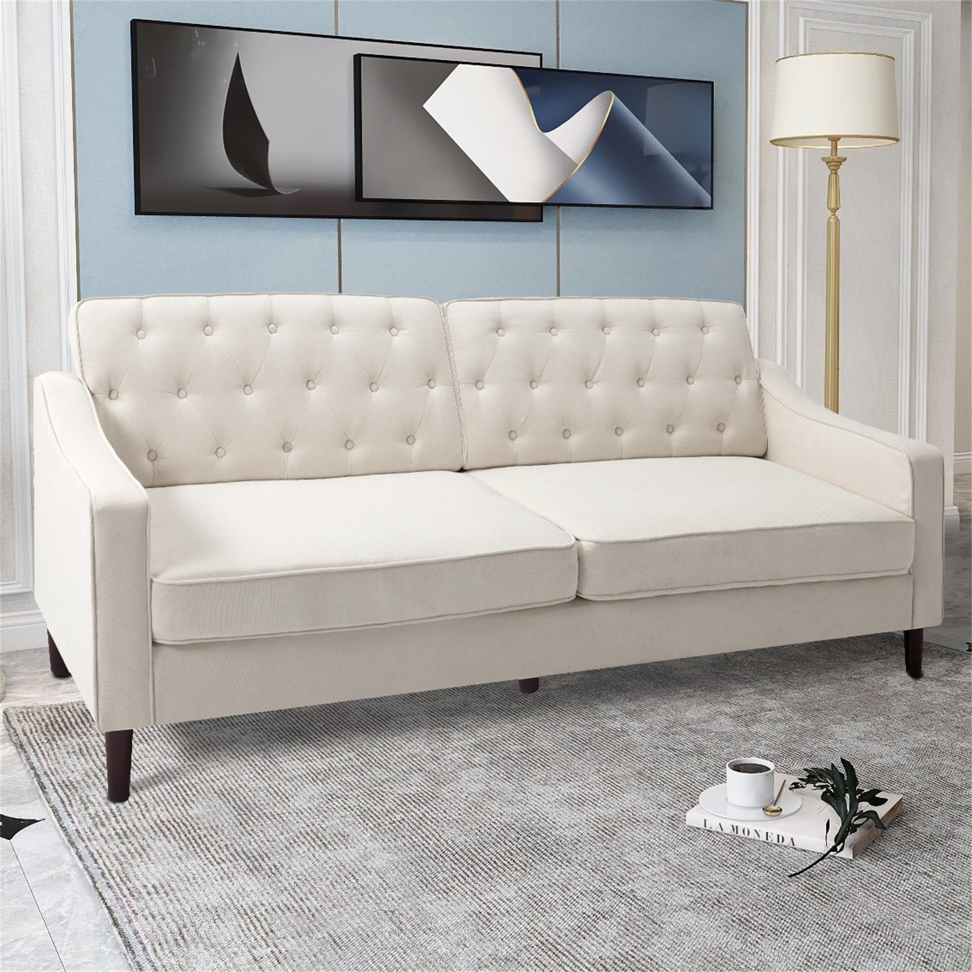 Resenkos 77" Upholstered Sofa Couch with Wood Leg, Square Arms and Tufted Back for Living Room, Bedroom, Apartment, White