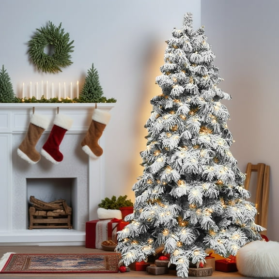 Resenkos 7ft Pre-Lit Flocked Christmas Tree with Warm White LEDs & Realistic Snow, Green & White