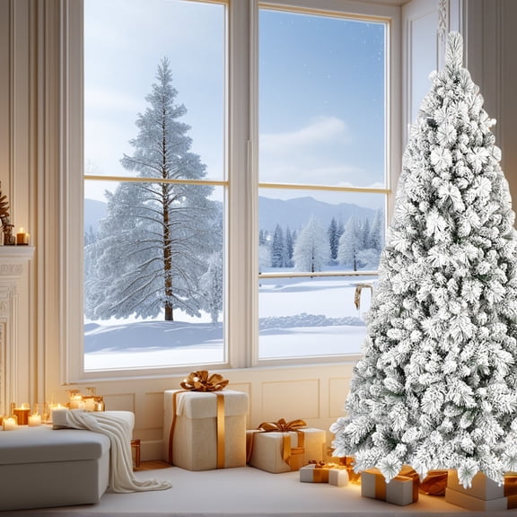 Resenkos 7ft Snow Flocked Christmas Tree with Realistic Needles & Foldable Metal Base, Green & White