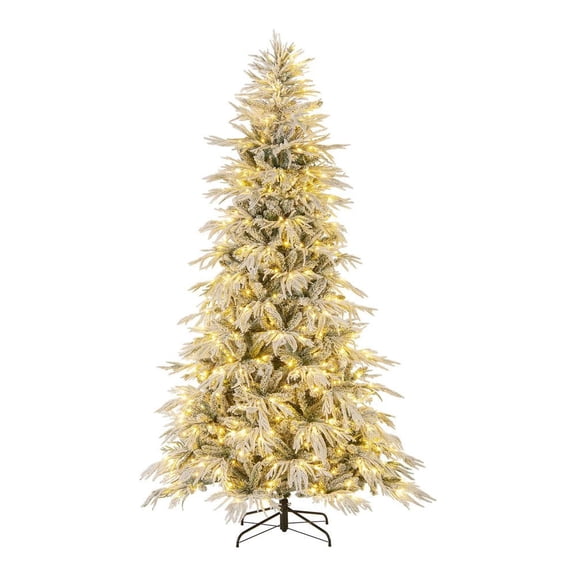 Resenkos 8-Ft Pre-Lit Snow Flocked Artificial Christmas Tree - Warm LEDs, Green/White