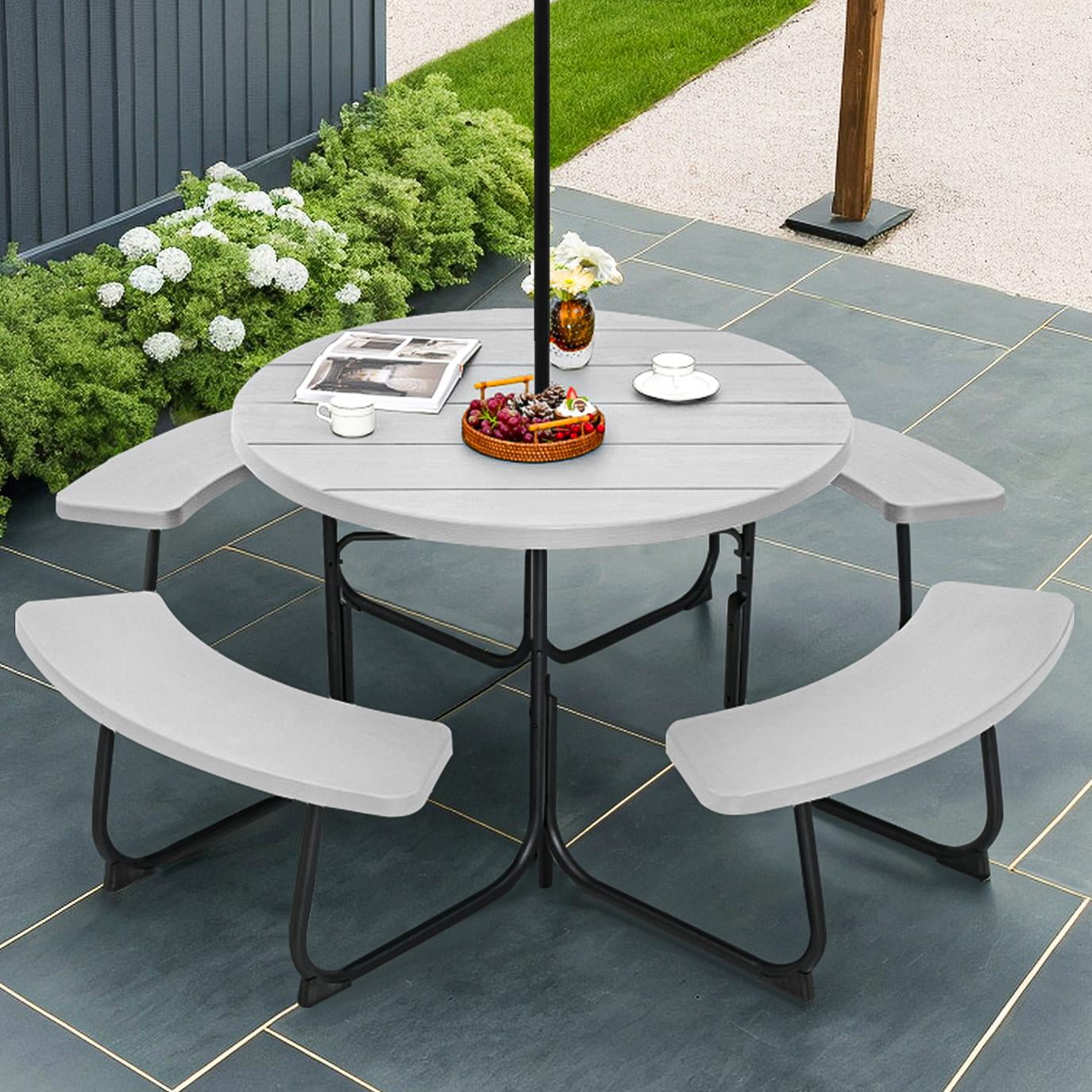 Resenkos 8-Person Outdoor Picnic Table and Bench Set with Umbrella Hole-Black for Patio Back Deck, Balcany, Poolside Resenkos 8-Person Outdoor Picnic Table and Bench Set with Umbrella Hole-Black for Patio Back Deck, Balcany, Poolside