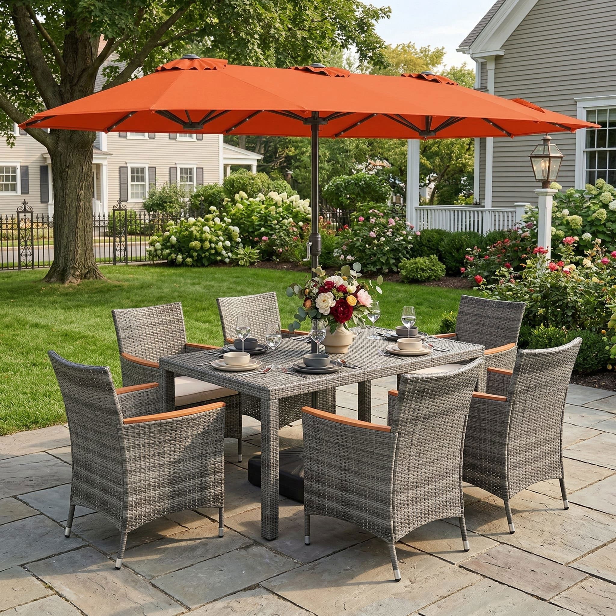 Resenkos 8 Piece Outdoor Wicker Dining Furniture Set, 13.5 FT Double Sided Patio Umbrella with Solar LED Lights for Patio Dining, Orange
