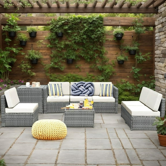 Resenkos 8 Piece Wicker Sofa Rattan Dinning Set Patio Furniture with Storage Table-White, Patio Seating Conversation Set, Modern Patio Sofa Sectional Proof for Patio Back Deck