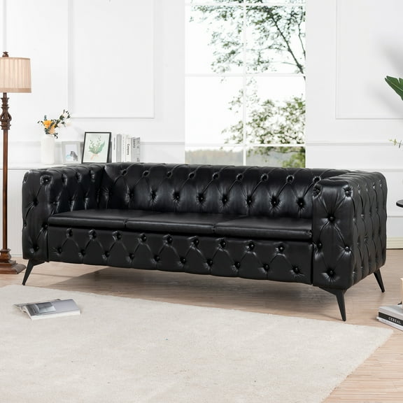 Resenkos 84" Width Traditional PU Leather Sofa Couch with Tufted Back and Square Arm for Apartment Peacock Black