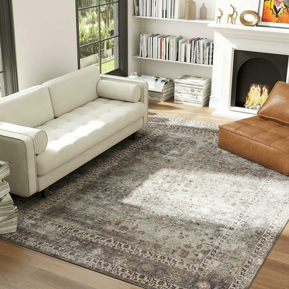 Resenkos 8x10 Washable Rug, Non-Slip Traditional Foldable Carpet for Living - Dark Mixed-Brown