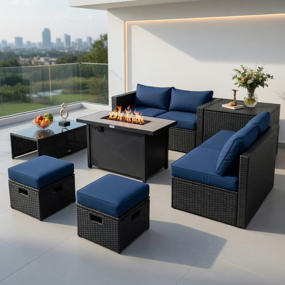 Resenkos 9-Piece Outdoor PE Rattan Sectional Sofa Set with 42" 60,000 BTU Propane Gas Fire Pit Table Navy, Black, Grey, Turquoise, Red & Off-White Cushion Options