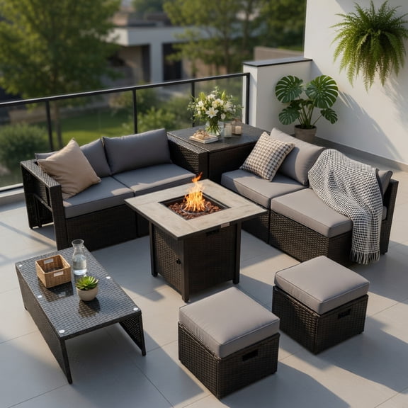 Resenkos 9-Piece Outdoor PE Rattan Sectional Sofa Set with 42" Gas Fire Pit Table, Gray & Black Wicker, Includes Coffee Table, Storage Ottoman, and Weather-Resistant Cushions