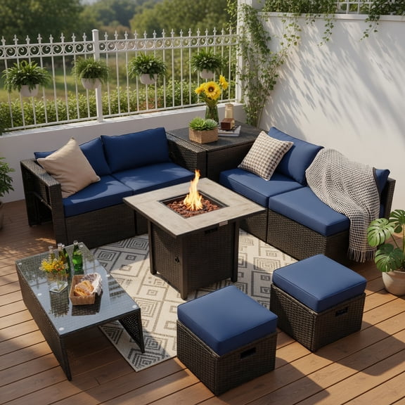 Resenkos 9-Piece Outdoor PE Rattan Sectional Sofa Set with 42-Inch Gas Fire Pit Table, Navy Cushions ETL-Certified, Heavy-Duty Steel Frame, All-Weather Wicker Patio Furniture