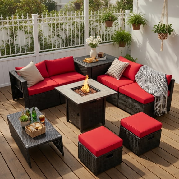 Resenkos 9-Piece Outdoor PE Rattan Sectional Sofa Set with 42" Gas Fire Pit Table Black, Grey, Navy, Red, Turquoise & Off-White Cushion Options