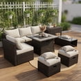 thumbnail image 1 of Resenkos 9-Piece Outdoor PE Wicker Patio Furniture Set with 50,000 BTU Propane Fire Pit Table, Tempered Glass Coffee Table & Storage Ottoman – Off-White Cushions, 1 of 6