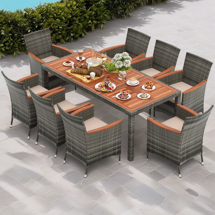 Resenkos 9 Piece Patio Rattan Wicker Dining Furniture Set for 6 People, Sectional Conversation Set with Acacia Wood Beige Resenkos 9 Piece Patio Rattan Wicker Dining Furniture Set for 6 People, Sectional Conversation Set with Acacia Wood Beige
