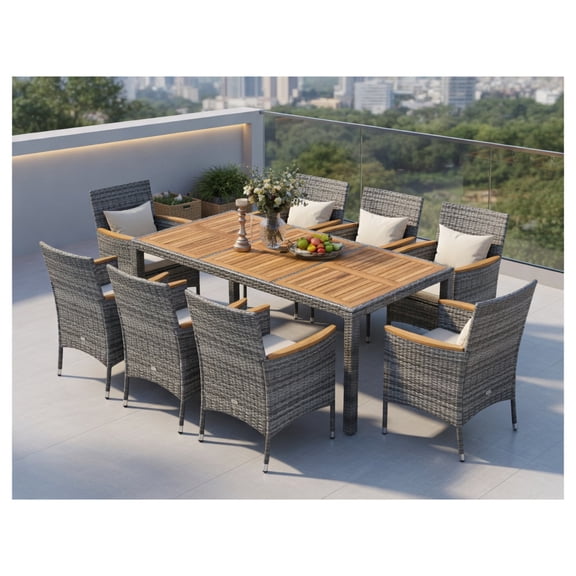 Resenkos 9 Piece Patio Rattan Wicker Dining Furniture Set for 6 People, Sectional Conversation Set with Acacia Wood Beige