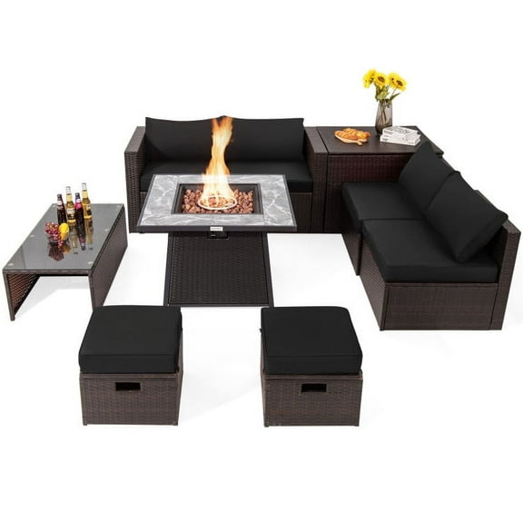 Resenkos 9 Pieces Patio PE Wicker Sectional Set with 50000 BTU Fire Pit Table-Black, Patio Seating Conversation Set, Modern Patio Sofa Sectional All Weather Proof for Patio Back Deck
